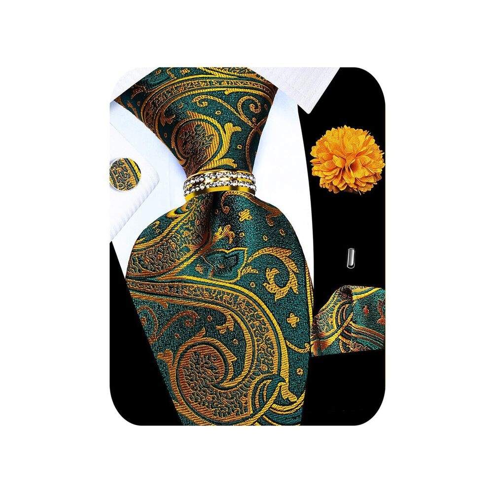 8480 5PCS Gold Moss Green Paisley Tie Pocket Square , Silk Necktie